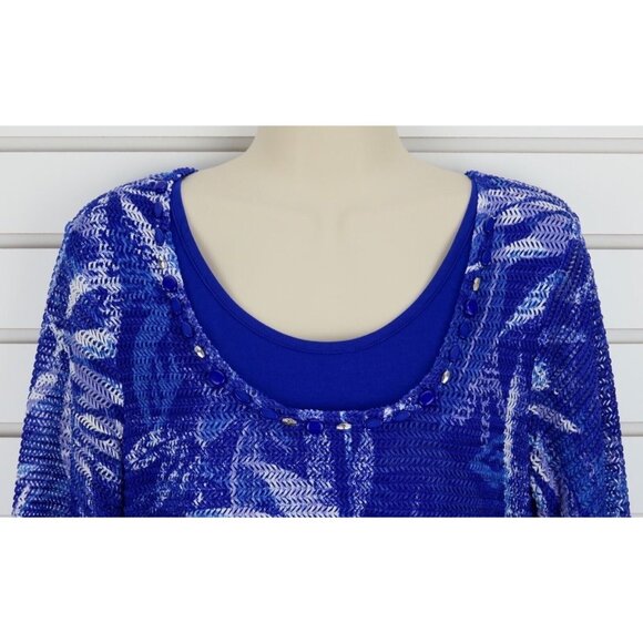 Multiples Top Womens Size Small Blue Beaded Scoop Neck 3/4 Sleeve Layered Mesh - Picture 4 of 11